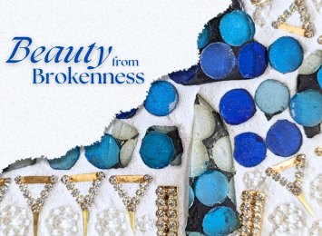 Torn paper over corner of colorful mosaic in blues, gold, and crystals with wellness workshop title Beauty from Brokenness